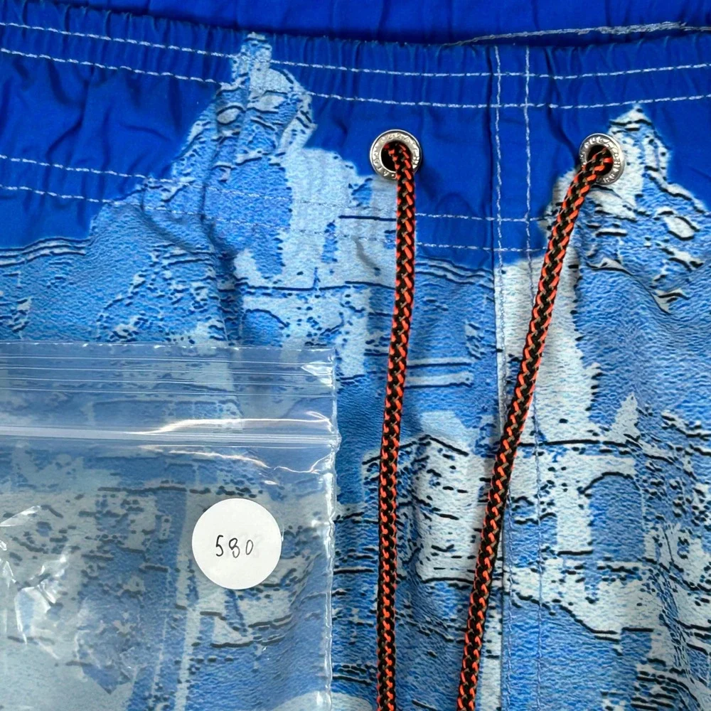 Bugatchi Mens Blue Coastal Village‎ Graphic Print Swim Trunks Mesh Lined Large